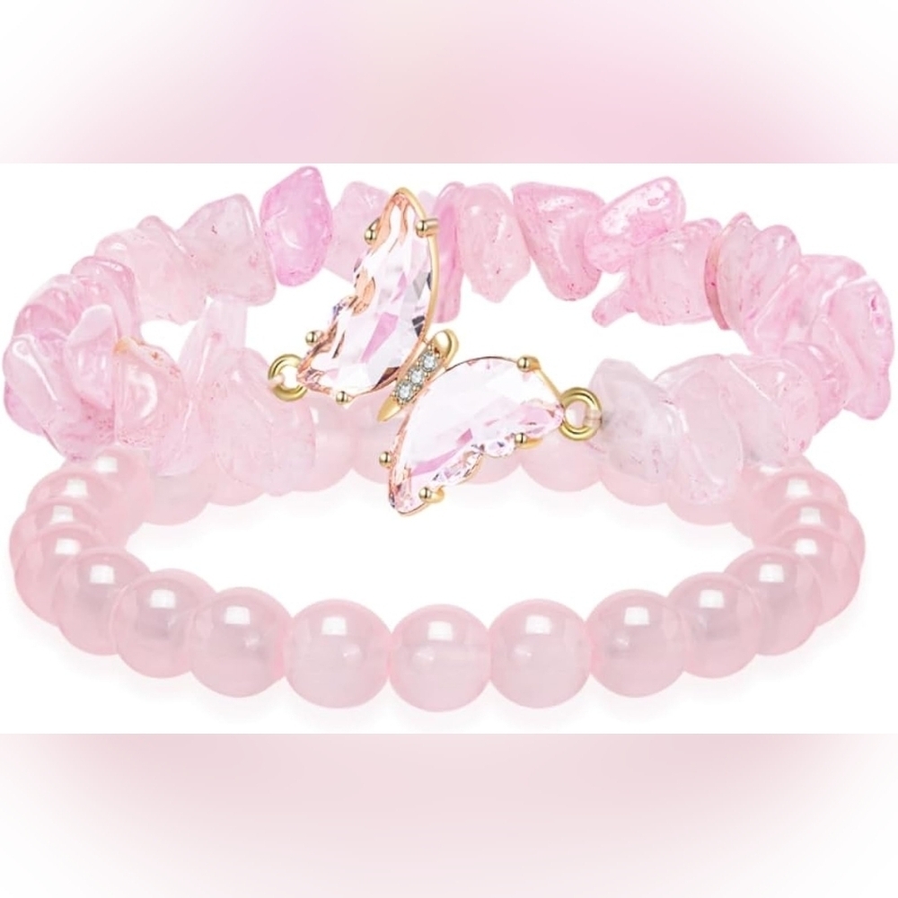 Rose Quartz Butterfly Healing Bracelet Set